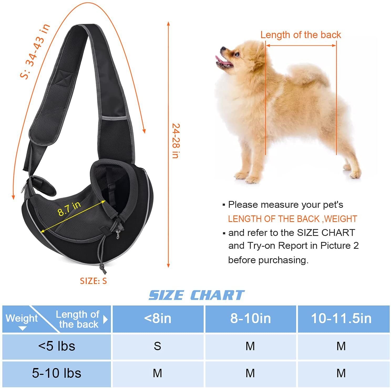Front view of portable pet crossbody carrier bag
